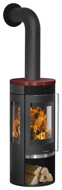 Poêles à bois Rota Tre 2.0 Acier noir, dessus céramique rouge bordeaux